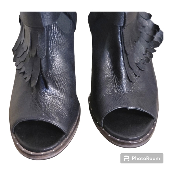 Freda salvador BLACK LEATHER HARNESS FRINGES OPEN TOE ANKLE BOOTS WOMEN’… - Picture 6 of 16